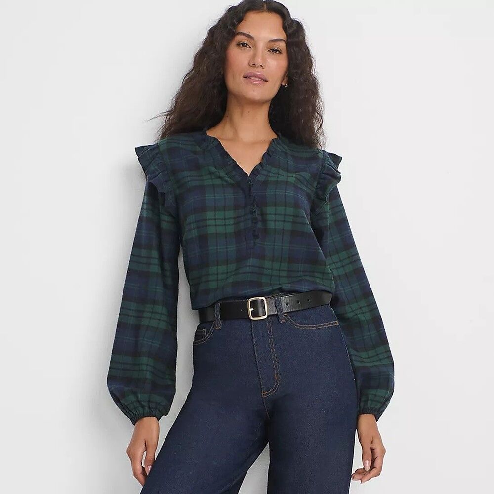 Lands' End Women S Ruffle Front Flannel Popover Top Deep Forest Blackwatch Plaid